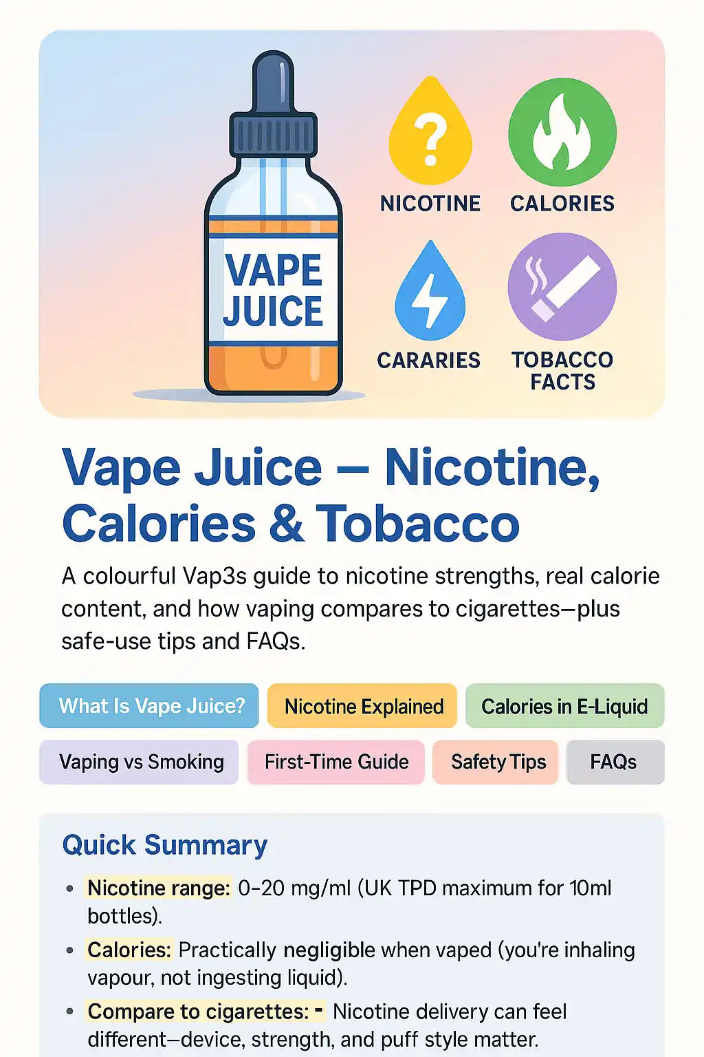 Everything you need to know about vape juice — nicotine, calories, PG/VG, and storage guide from VAPESALES